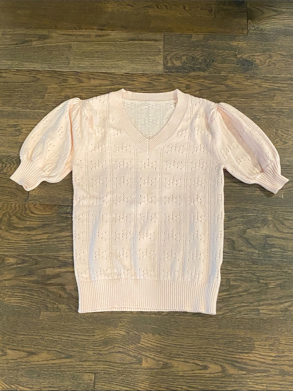 Light Pink Eyelet Knit Puff Sleeve V-Neck Top